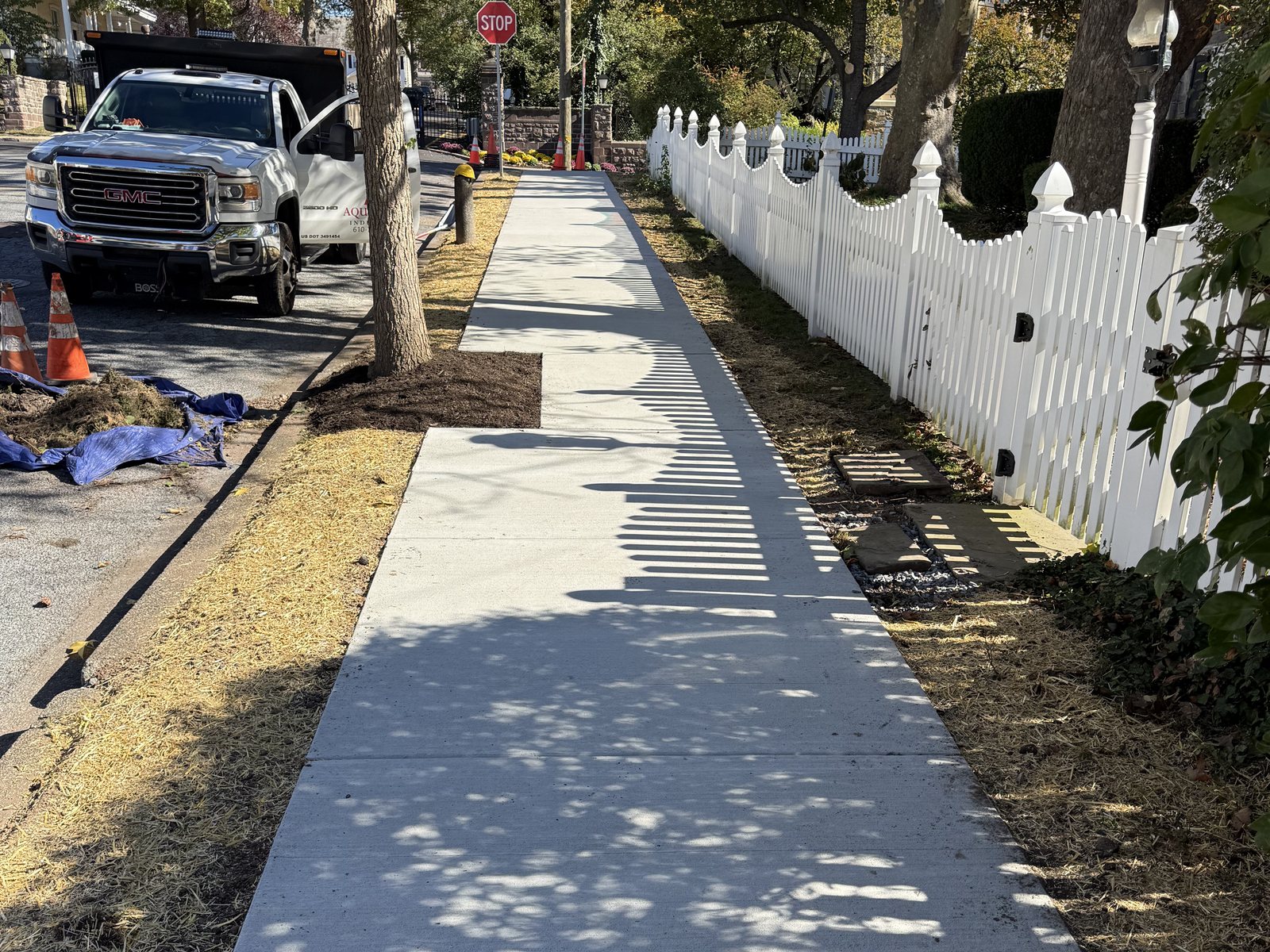 New concrete sidewalk poured and finished by Aquilante Industries along a tree-lined street